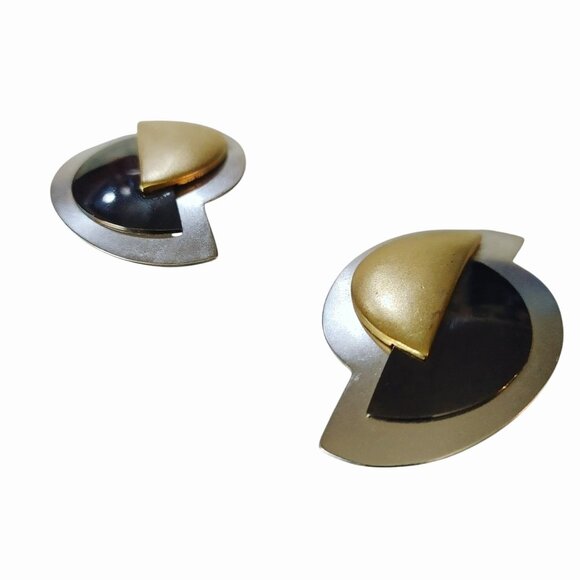 Monet Post Earrings Vintage Geometric Mixed Metal Modernist Brutalist Sculptural - Picture 5 of 13